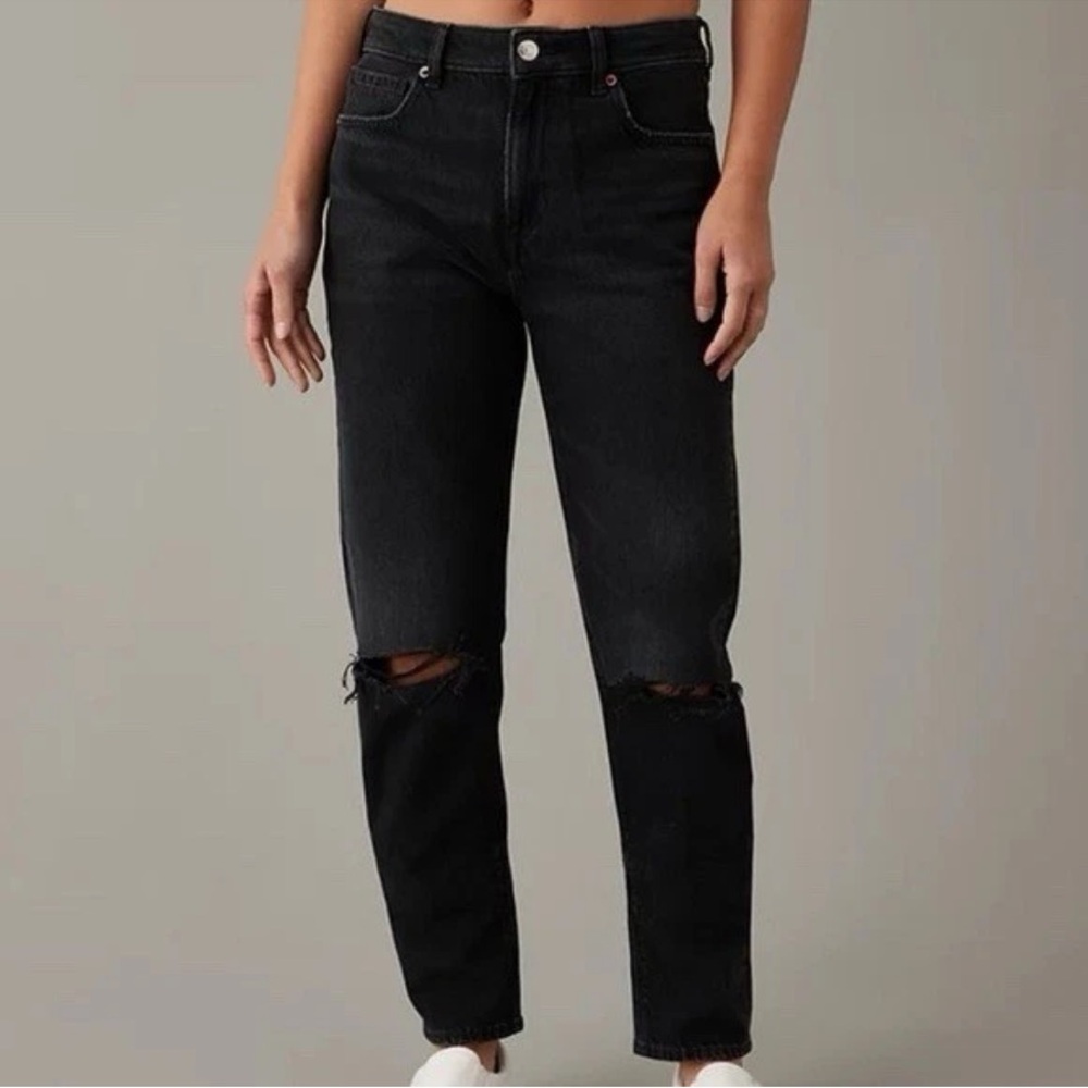 American Eagle Mom Straight Leg Jeans, Distressed Black Wash, Women's 2